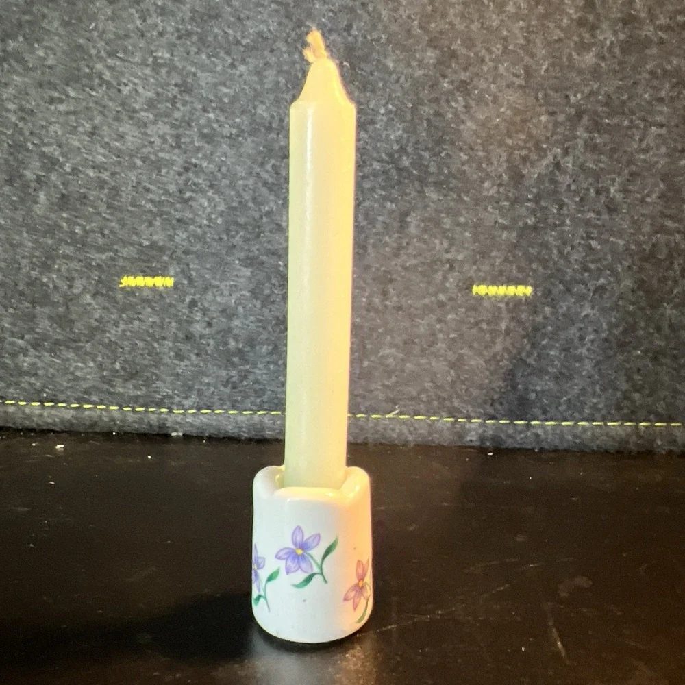 Russ Berrie Mini Candle Holder Porcelain Purple‎ Flowers With Candle Vtg